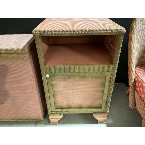 264 - VINTAGE PINK LLOYD LOOM BEDROOM CHAIR AND OTTOMAN ,VINTAGE WICKER PINK LINEN BOX AND BEDSIDE CABINET