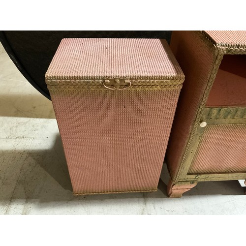 264 - VINTAGE PINK LLOYD LOOM BEDROOM CHAIR AND OTTOMAN ,VINTAGE WICKER PINK LINEN BOX AND BEDSIDE CABINET