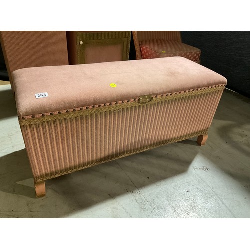 264 - VINTAGE PINK LLOYD LOOM BEDROOM CHAIR AND OTTOMAN ,VINTAGE WICKER PINK LINEN BOX AND BEDSIDE CABINET