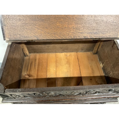 269 - HEAVILY CARVED OAK BIBLE BOX ON TURNED AND STRETCHERED STAND H26