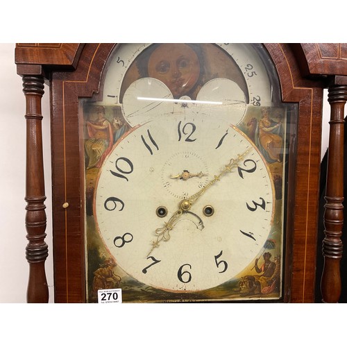 270 - VICTORIAN OAK WITH MAHOGANY CROSS BANDING 8 DAY PAINTED FACE WITH ROLLING MOON GRANDFATHER CLOCK COM... 