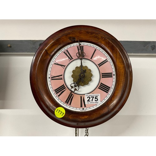 275 - VICTORIAN POST MANS ALARM WALL CLOCK WITH PINK ENAMEL FACE