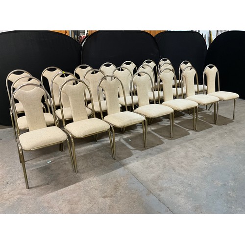 345 - 21 METAL STACKING CHAIR WITH FABRIC UPHOLSTERED SEAT AND BACK PANEL