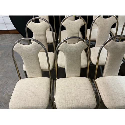 345 - 21 METAL STACKING CHAIR WITH FABRIC UPHOLSTERED SEAT AND BACK PANEL