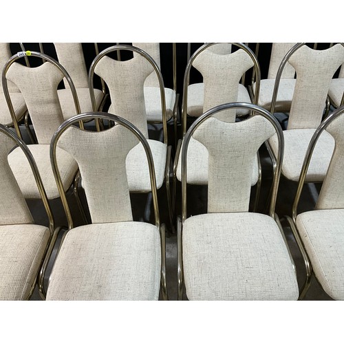 345 - 21 METAL STACKING CHAIR WITH FABRIC UPHOLSTERED SEAT AND BACK PANEL