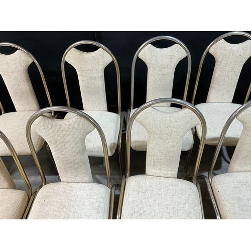 345 - 21 METAL STACKING CHAIR WITH FABRIC UPHOLSTERED SEAT AND BACK PANEL