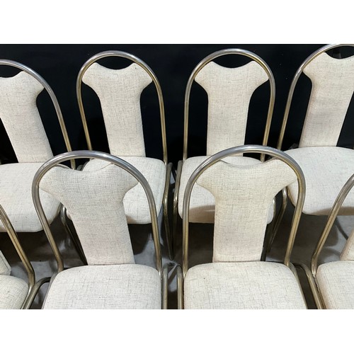 345 - 21 METAL STACKING CHAIR WITH FABRIC UPHOLSTERED SEAT AND BACK PANEL