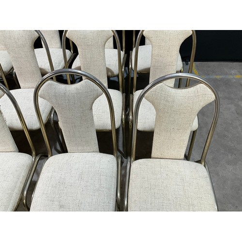 345 - 21 METAL STACKING CHAIR WITH FABRIC UPHOLSTERED SEAT AND BACK PANEL