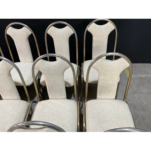 345 - 21 METAL STACKING CHAIR WITH FABRIC UPHOLSTERED SEAT AND BACK PANEL