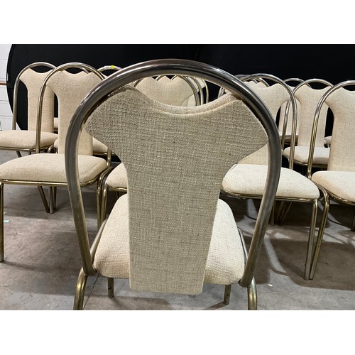 345 - 21 METAL STACKING CHAIR WITH FABRIC UPHOLSTERED SEAT AND BACK PANEL