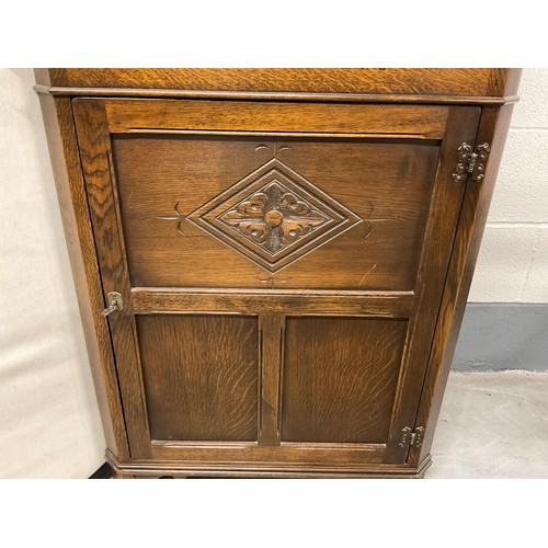 317 - OAK PRIORY STYLE FLOOR STANDING LEADED GLASS CORNER CABINET H72