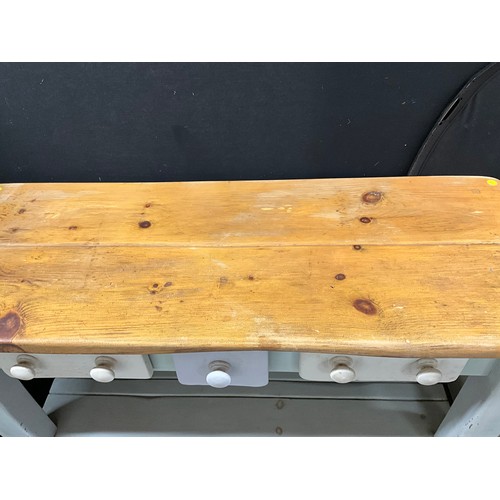 336 - PAINTED PINE KITCHEN TABLE WITH 3 DRAWERS TO TOP AND PAN RACK TO BASE H34