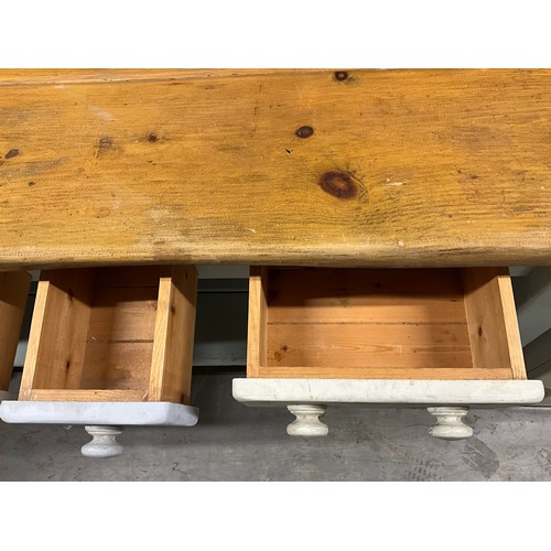 336 - PAINTED PINE KITCHEN TABLE WITH 3 DRAWERS TO TOP AND PAN RACK TO BASE H34