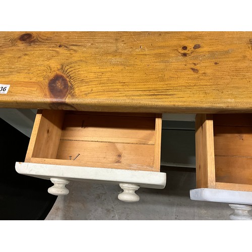 336 - PAINTED PINE KITCHEN TABLE WITH 3 DRAWERS TO TOP AND PAN RACK TO BASE H34