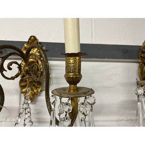 323A - PAIR OF GILT METAL DOUBLE BRANCH WALL LIGHTS COMPLETE WITH DROPPERS