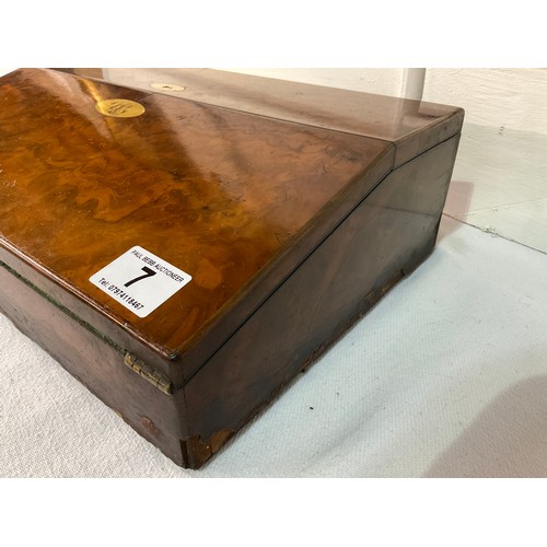 7 - VICTORIAN WALNUT WRITING BOX WITH FITTED INTERIOR AND SECRET DRAWER H4” W15” D10”