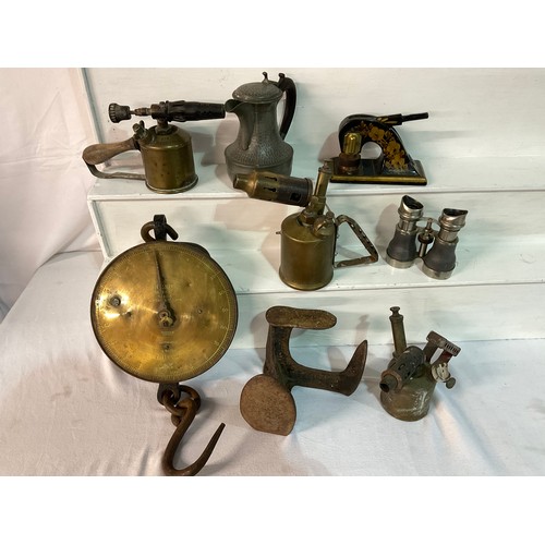 12 - BOX OF BRASSWARE ETC TO INCLUDE VICTORIAN STAMP ,BLOW LAMP,BRASS SCALES ETC