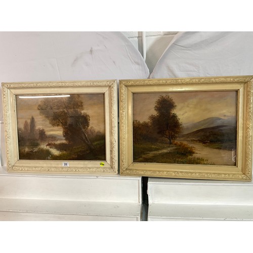 20 - PAIR PAINTED FRAMED OILS OF CATTLE DRINKING SIGNED DAKIN 21”X27”