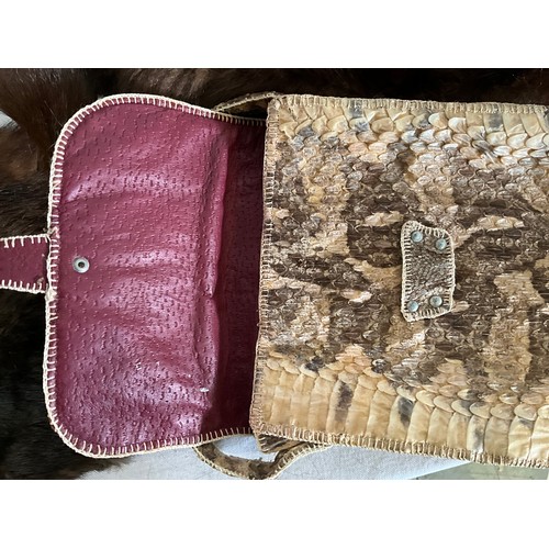 68 - BOX OF VINTAGE FUR STOALS, SNAKE SKIN HANDBAG ETC