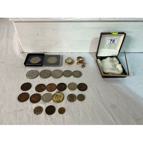 78 - BOX OF COINAGE ALONG WITH A LADIES FOB WATCH