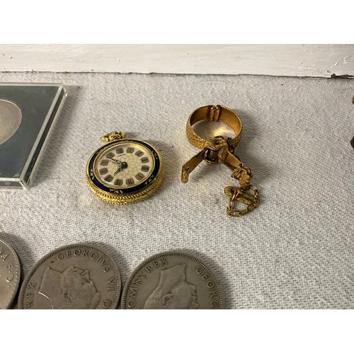 78 - BOX OF COINAGE ALONG WITH A LADIES FOB WATCH