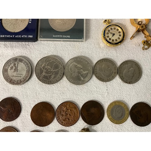 78 - BOX OF COINAGE ALONG WITH A LADIES FOB WATCH