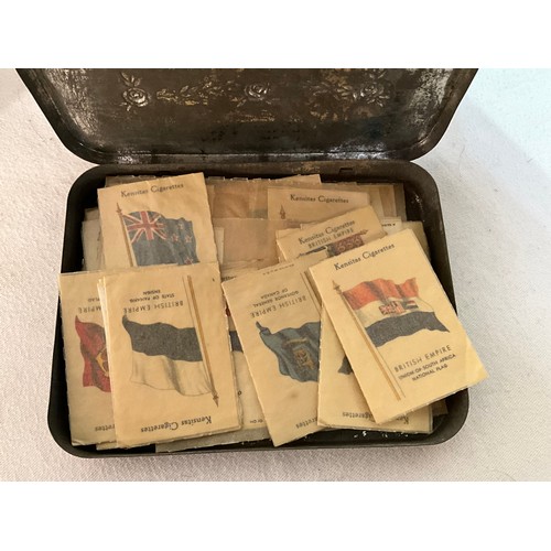 89 - HUNTER AND PALMERS VINTAGE BISCUIT TIN OF KENSINGTON CIGARETTE FLAGS, A QUANTITY OF VINTAGE AEROPLAN... 