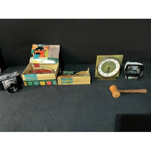 95 - VINTAGE VULCAN CHILDS SEWING MACHINE IN ORIGINAL BOX, MARBLE MANTLE CLOCK, AUCTIONEERS GAVEL, KODAK ... 