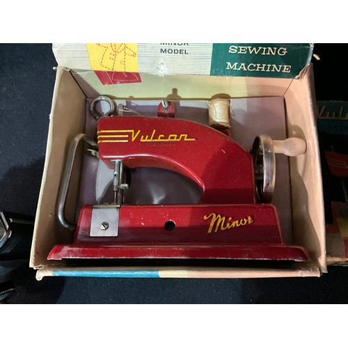 95 - VINTAGE VULCAN CHILDS SEWING MACHINE IN ORIGINAL BOX, MARBLE MANTLE CLOCK, AUCTIONEERS GAVEL, KODAK ... 