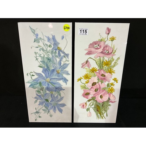 115 - PAIR OF PORCELAIN PANELS WITH HAND PAINTED FLOWERS 17.5”X8”