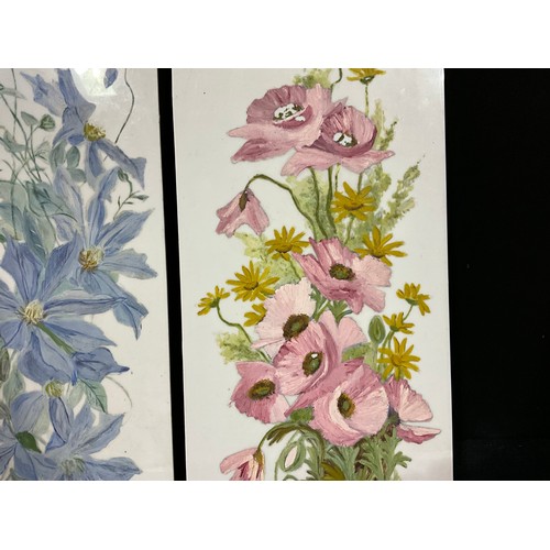 115 - PAIR OF PORCELAIN PANELS WITH HAND PAINTED FLOWERS 17.5”X8”