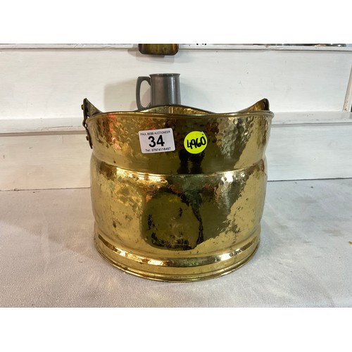 34 - BRASS COAL SCUTTLE COMPANION SET AND 5 TANKARDS