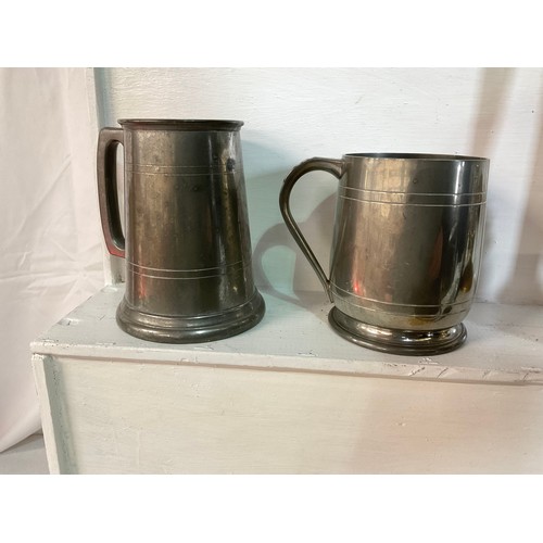 34 - BRASS COAL SCUTTLE COMPANION SET AND 5 TANKARDS