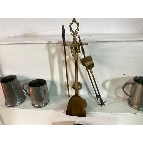 34 - BRASS COAL SCUTTLE COMPANION SET AND 5 TANKARDS