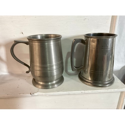 34 - BRASS COAL SCUTTLE COMPANION SET AND 5 TANKARDS