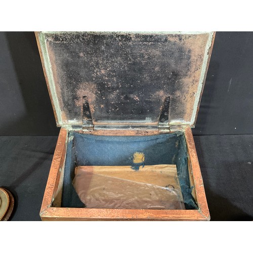 44 - VINTAGE COPPER SLIPPER BOX, BRASS SMOKERS STAND  AND GEORGIAN COPPER WARMING PAN