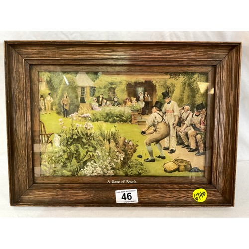 46 - EDWARDIAN OAK FRAMED PICTURE ENTITTLED A GAME OF BOWLS 11”X15”