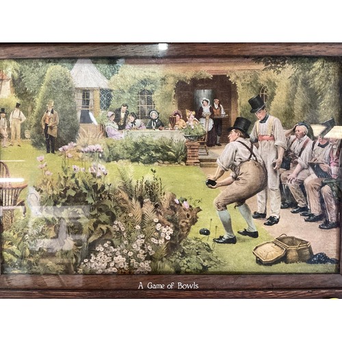 46 - EDWARDIAN OAK FRAMED PICTURE ENTITTLED A GAME OF BOWLS 11”X15”