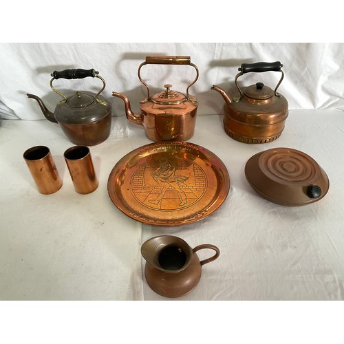 59 - BOX OF COPPER ITEMS TO INCLUDE JOHNNIE WALKER PUB TRAY KETTLES ETC