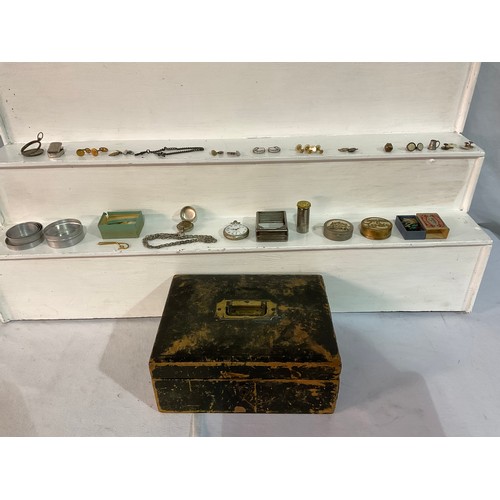 130 - VICTORIAN BOX AND CONTENTS TO INCLUDE HALLMARKED SILVER FOB WATCH CASE,POCKET WATCH WORKING ORDER,ST... 