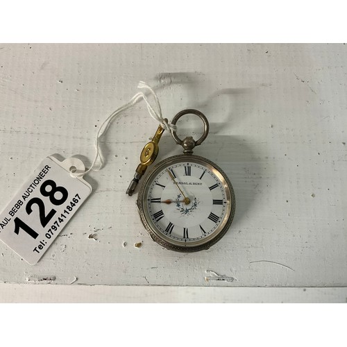 128 - VICTORIAN HALLMARKED SILVER AND ENGRAVED FOB WATCH WITH GOLD FINGERS AND KEY - KENDAL & DENT