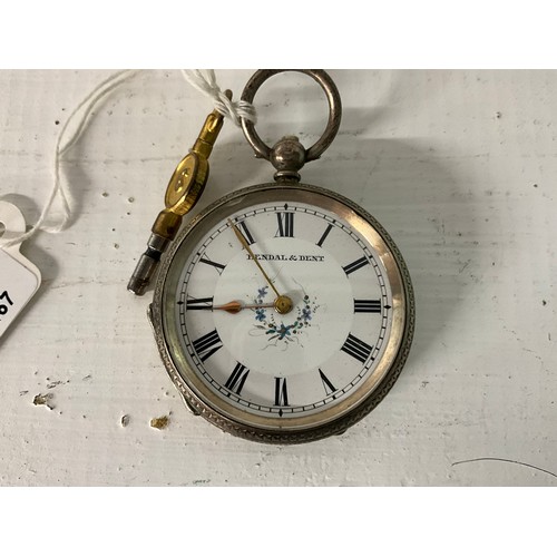 128 - VICTORIAN HALLMARKED SILVER AND ENGRAVED FOB WATCH WITH GOLD FINGERS AND KEY - KENDAL & DENT