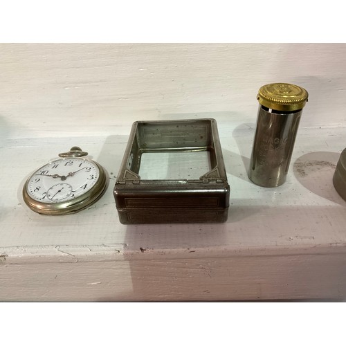 130 - VICTORIAN BOX AND CONTENTS TO INCLUDE HALLMARKED SILVER FOB WATCH CASE,POCKET WATCH WORKING ORDER,ST... 