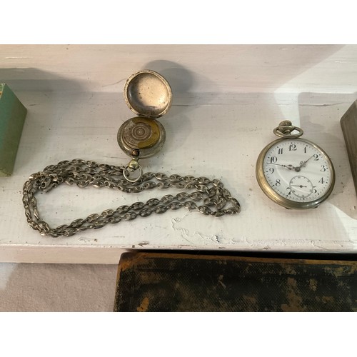 130 - VICTORIAN BOX AND CONTENTS TO INCLUDE HALLMARKED SILVER FOB WATCH CASE,POCKET WATCH WORKING ORDER,ST... 