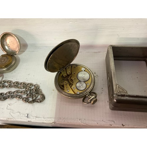 130 - VICTORIAN BOX AND CONTENTS TO INCLUDE HALLMARKED SILVER FOB WATCH CASE,POCKET WATCH WORKING ORDER,ST... 