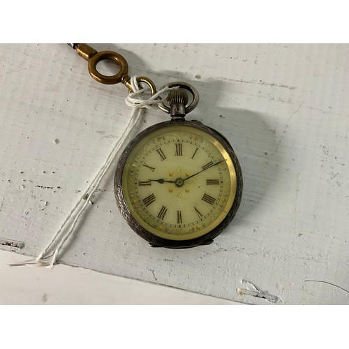 129 - VICTORIAN HALLMARKED SILVER AND ENGRAVED FOB WATCH WITH KEY