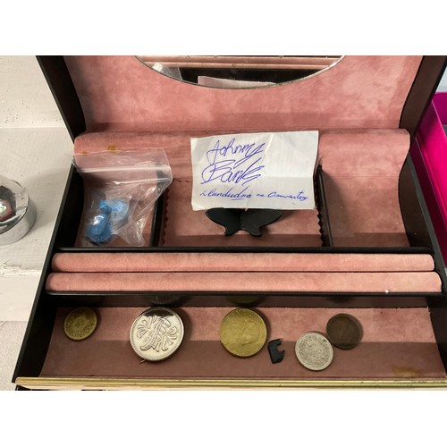 131 - BOX OF COSTUME JEWELLERY  CUFF LINKS RAC BADGE ETC