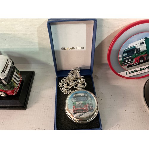 132 - QTY OF EDDIE STOBART MODEL LORRIES AND POCKET WATCH ETC