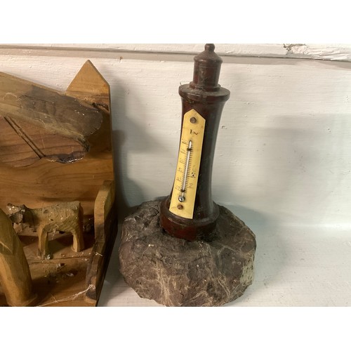 140 - VINTAGE MARBLE LIGHTHOUSE,MANTLE CLOCK AND WOODEN STABLEORNAMENT