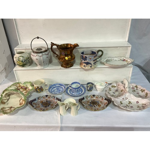 144 - BOX OF VICTORIAN AND LATER CHINA TO INCLUDE IRONSTONE TANKARD WITH FROG,BISCUIT BARRELL,ORDOURVE DIS... 